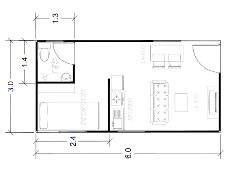 A sample single-unit floor plan for a prefab container house at CAMCO Prefabricated Structures.